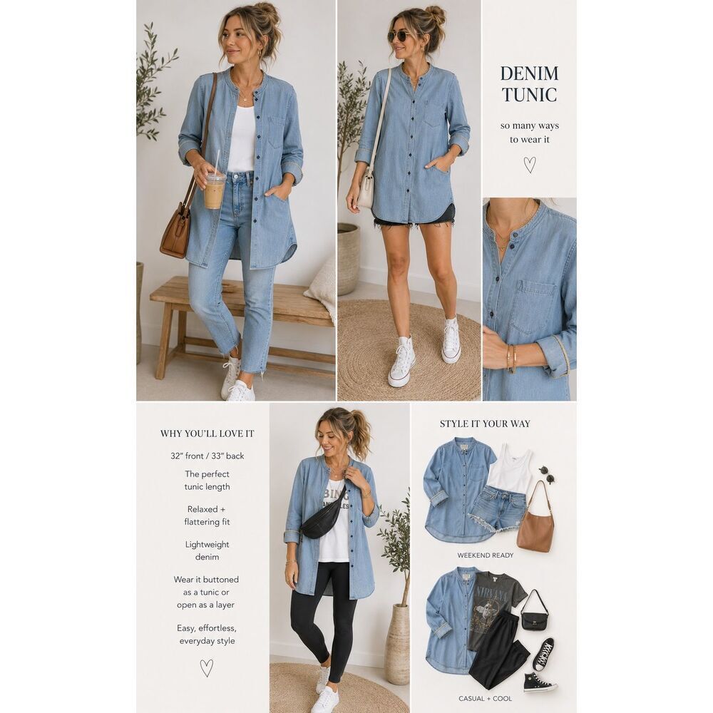 Sandrine Rose Chambray Denim Tunic Fringe Trim Shirt Small minimalist